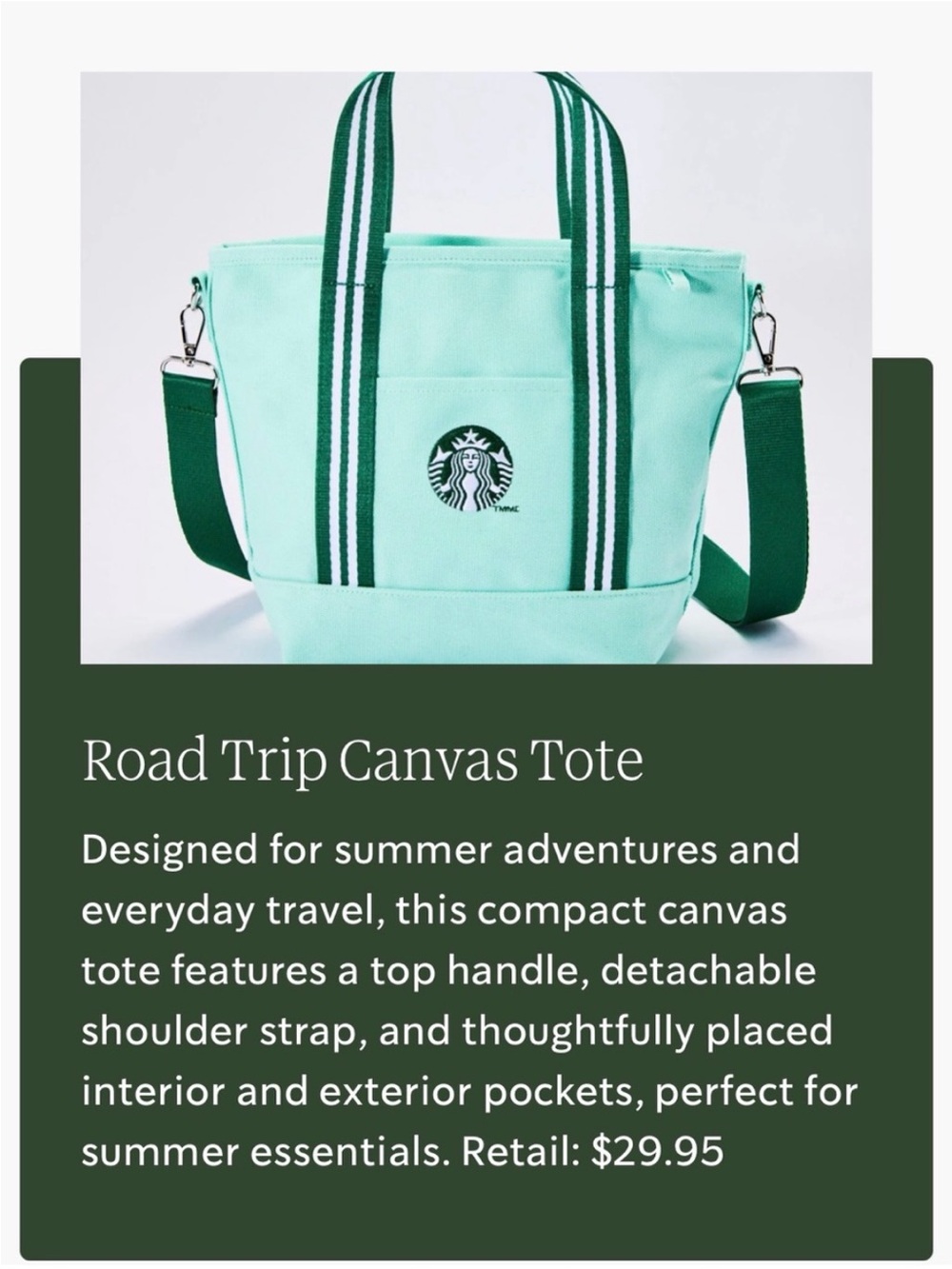 Starbucks Mint Green Canvas Tote with Dark Green Straps